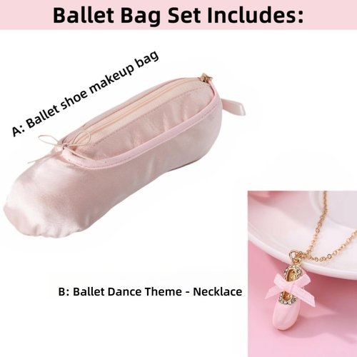 CXYANG Pink Ballet Dance Shoe Makeup Bag Recital Gifts for Girls Women, Ballerina Slipper Pouch Dancer Stuff (Necklace A)