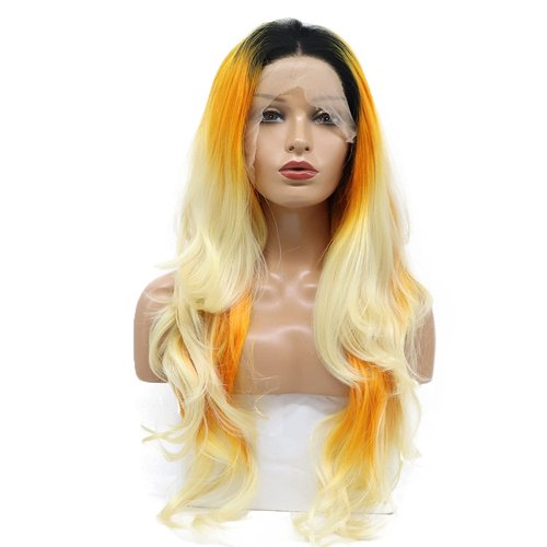 karissa Hair Orange Blonde Lace Front Wigs Black Women Long Orange Yellow Wavy Mermaid Ombre Rainbow Colorful Wigs Natural Hairliner Heat Friendly Party Holiday 24”, Ombre Orange Blonde