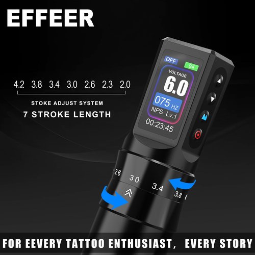 Tattoo Gun Kit Tattoo Machine 7 Strokes Length Kit with 2 * 1600mAh Batteries，20PCS Pro Tattoo Cartridge Needles, Complete Tattoo Set Black EF-TKE751A-1