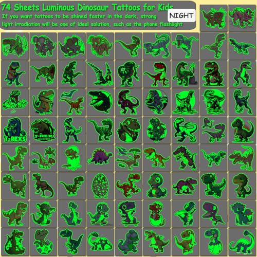 Glow in The Dark Dinosaur Temporary Tattoos for Kids - 74 Individually Sheets Luminous Dinosaur Tattoos for Boys Birthday Party Favors Goodie Bag Fillers