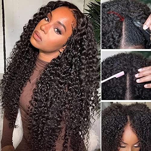 Curly V Part Wig Human Hair Brazilian Virgin Human Hair Wigs for Black Women Upgrade U Part Wigs Glueless Full Head Clip In Half Wig No Leave Out 180% Density Natural Black 18 Inch