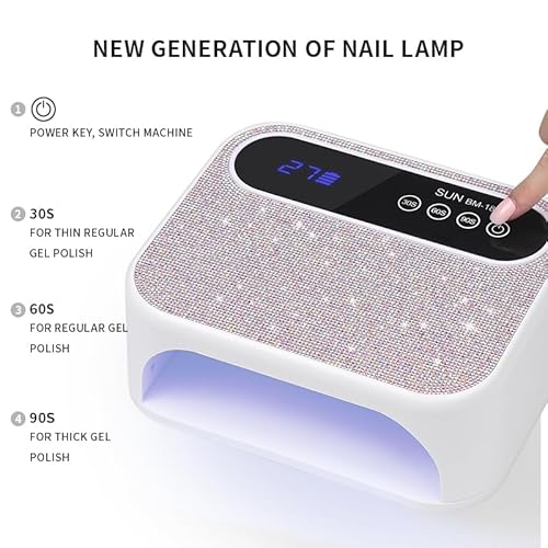 Cordless UV Nail Lamp, 268W Rechargeable UV Gel Nail Light, Sparkling Rhinestones Diamond UV Light, Professional Fast Curing Nail Dryer with 4 Timers Touch Control Auto Sensor for Salon & Home