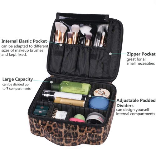 Uongeod Travel Makeup Bag Leopard Print PU Leather Cosmetic Makeup Bag Organizer case with Adjustable Dividers for Women
