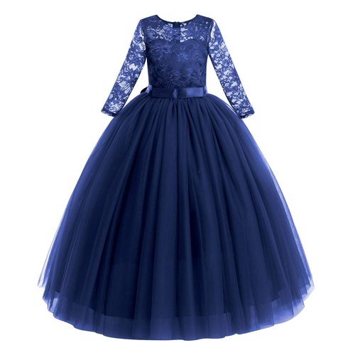 Flower Girls 3/4 Sleeve Maxi Tulle Lace Wedding Bridesmaid Party Dress Floor Length A Line Formal Pageant Long Prom Evening Dance Ball Gowns for Kids Navy Blue-3/4 Sleeve 7-8 Years