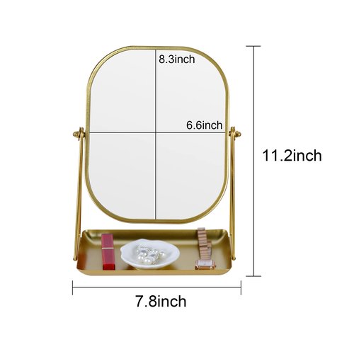Tstarer 360 Degrees Rotating Metal Makeup Mirror with Storage, Vanity Mirror for Desk, Bathroom, Bedroom, Dressing Table (Gold)