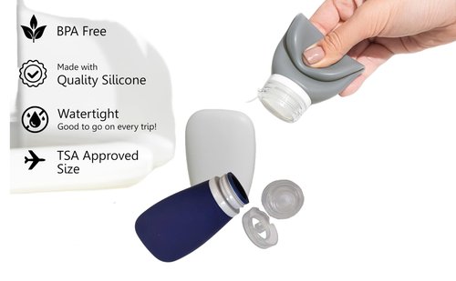 LYOB Travel Bottles for Toiletries, TSA Approved 3oz Leak Proof Silicone Refillable Squeeze Travel Size Containers BPA Free for Cleansers, Lotions, Shampoo, Conditioner 4pk With Bag(W,G,Blk,Bl)