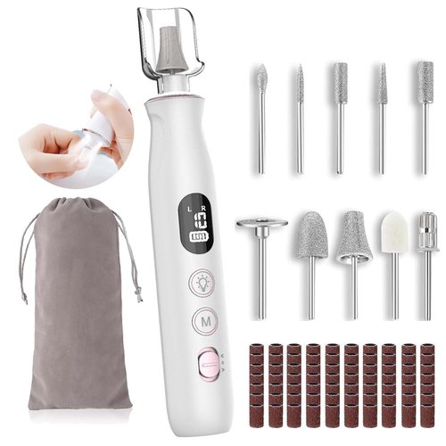 HSKAI® Professional Nail Drill Kit, Electric Nail File with LCD & Lamp, Long-Lasting Thick Toenail Drill Rechargeable & Cordless Toe Nail Tools for Women & Men Manicure and Pedicure Eggshell White