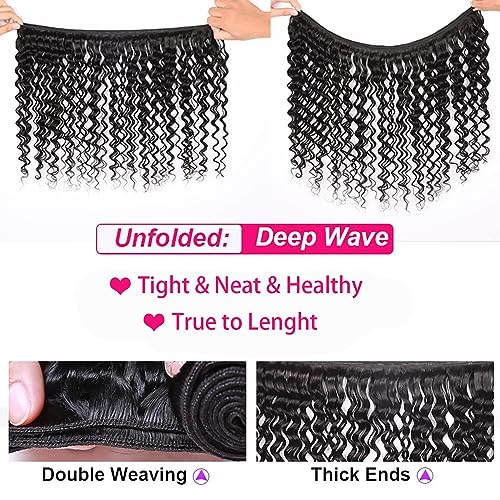 Deep Wave Bundles Human Hair 10A Brazilian Virgin Human Hair Bundles 100% Unprocessed 10 12 14 Inch Water Wave Bundles Double Weft Deep Curly Weave 3 Bundles Natural Color