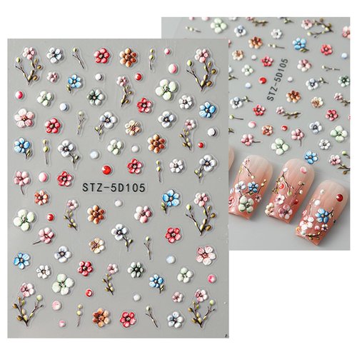 JMEOWIO 3D Embossed Flower Fruit Nail Art Stickers Decals Self-Adhesive 5D Nail Supplies Nail Art Design Decoration Accessories 4 Sheets