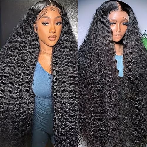 13x6 Deep Wave Lace Front Wigs 200% Density 13x6 HD Transparent Frontal Wigs for Women Deep Curly Glueless Wigs Pre Plucked with Baby Hair Natural Black (32Inch)