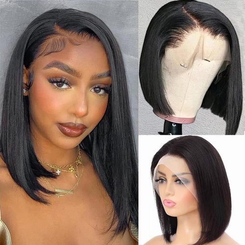 MYouan Glueless Bob Wig Human Hair Really Big 13x4 HD Lace Front Wigs 180% Density Pre Plucked with Baby Hair Natural Black 12 inches