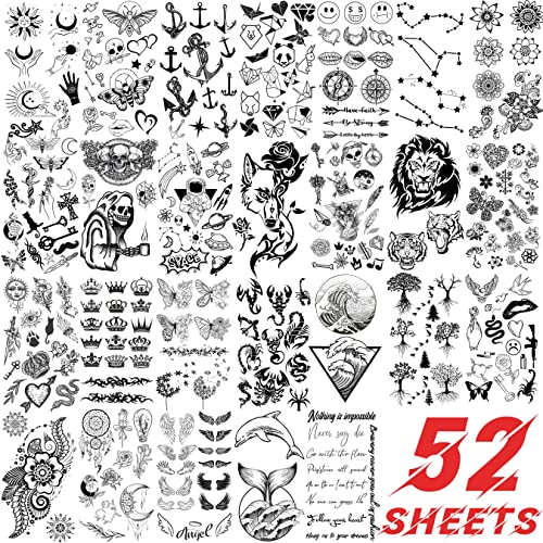 52 Sheets Tiny Small Temporary Tattoos For Kids Boys Girls, Tribal Animals Butterfly Anchor Compass Tattoo Stickers For Men Women, 3D Cute Flower Fake Face Tatoo Kits Sets For Neck Arm Hands