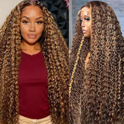 30 Inch Honey Blonde Lace Front Wigs Human Hair 13x6 Highlight Ombre Deep Wave Lace Front Wig Human Hair 4/27 Glueless Deep Wave Human Hair Wigs Pre Plucked with Baby Hair for Women