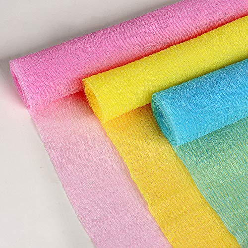 ARCH&M 3-Pack Premium Nylon Exfoliating Towel - 35-Inch Quick-Dry, Hygienic Japanese Washcloth for Body & Back - Durable, Machine Washable, Long-Lasting (Peach Purple Pink)