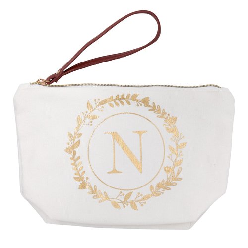 Glamlily Letter N Cosmetic Bag - Monogrammed Canvas Cosmetic Pouch - Compact Travel Makeup Bag & Toiletry Case - Personalized Initial Makeup Pouch - White & Gold Floral, 10 x 3 x 6 in