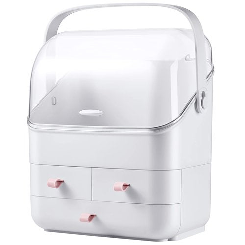 LINFIDITE Cosmetic Storage Box with Lid Makeup Organizer Box with Dust Free Cover Portable Handle,Large Makeup Display Case with Drawers Fully Open Lid,Great for Dresser Bathroom Countertop
