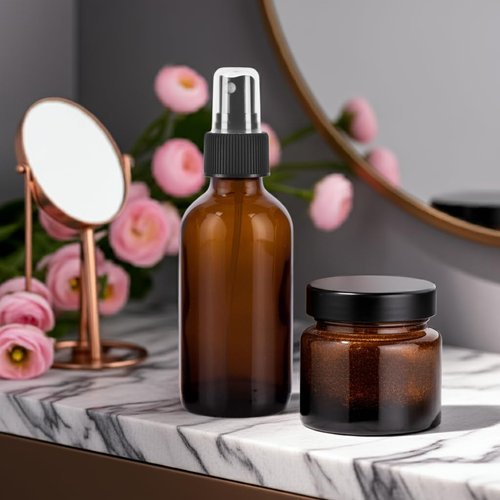 JUVITUS 4 oz Amber Glass Boston Round Bottle with Fine Mist Black Spray (4 pack) + Funnel