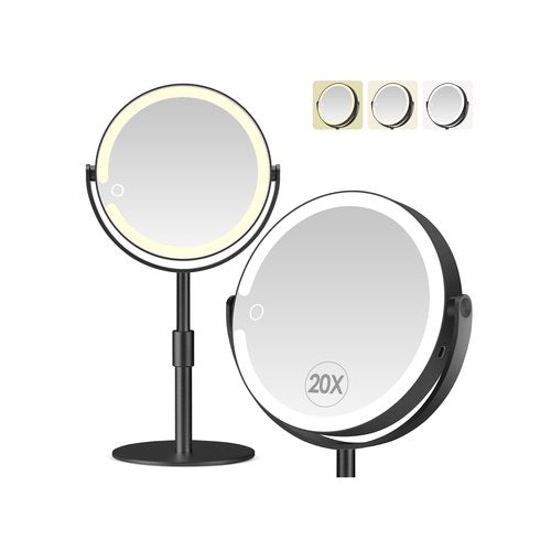 PEDOMIROR Led Makeup Mirror with Lights, 20X Magnifying Mirror, Rechargeable Magnified Makeup Mirror with 360°Rotation & Height Adjustable, Detachable Vanity Mirror(Black)