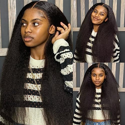 Kinky Straight Wig 24 Inch 180% Density Yaki Straight Human Hair Wig With Pre-Plucked Hairline & Adjustable Straps,Natural Black 13x4 Lace Front Wigs Human Hair For Black Women