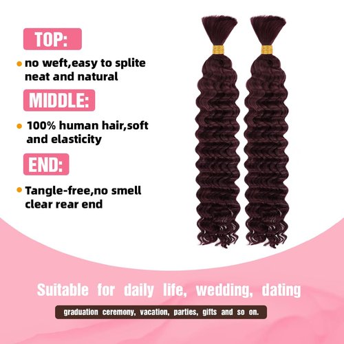 Human Braiding Hair, 2 Bundle 100g 16 Inch Boho Braids Human Hair 10A Deep Wave Bulk Brazilian Virgin No Weft Wavy Hair Extension for Boho Knotless Bohemian Micro Braid Bulk for Braiding 99J