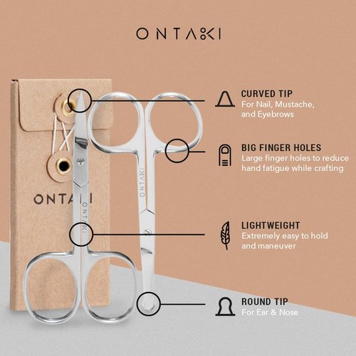 Ontaki Curved & Rounded Men's Facial Hair Scissors - Silver Ambidextrous - Beard, Nose & Eyebrow Grooming with Professional Beard, Nose Hair & Eyebrow Scissors for Men