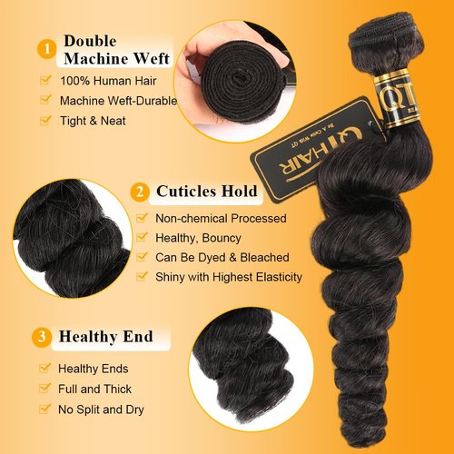QTHAIR 16A Grade Premium Loose wave Brazilian Remy Human Hair Weaving Bundle, Brazilian Human Hair Weave Bundles, Hair Weft Natural Color (#1b,100g,20 Inch)