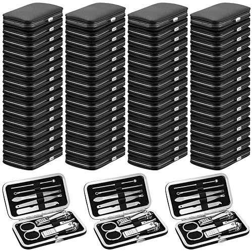 Lasnten 100 Bulk Nail Clipper Set Bulk Manicure Kit Stainless Steel Pedicure Professional Nail Care Kit with Travel Case Portable Grooming for Husband Men Women Family(Black,8 in 1)