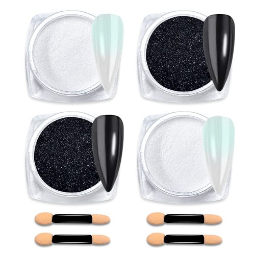 BPrettier Nail Chrome Pearl White & Black Chrome Nail Powders - 4 Jar Mermaid Glitter Art Mirror Effect Shimmery Aurora Powder for Women and Girls