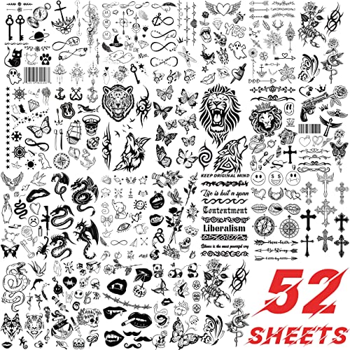 52 Sheets Tiny Small Temporary Tattoos For Kids Boys Girls, Tribal Animals Butterfly Anchor Compass Tattoo Stickers For Men Women, 3D Cute Flower Fake Face Tatoo Kits Sets For Neck Arm Hands