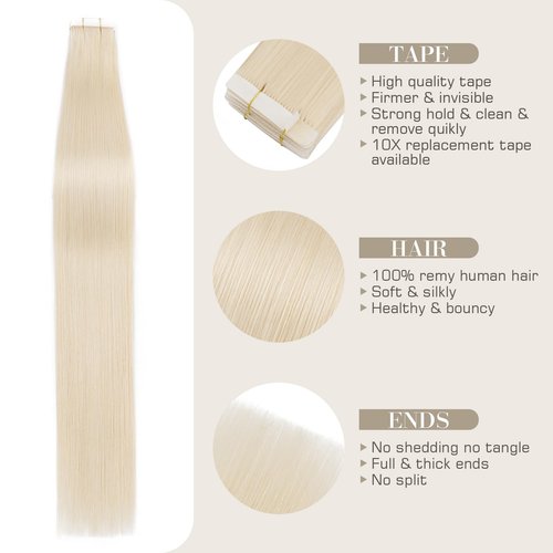 S-noilite Tape in Hair Extensions Human Hair,16 inch Upgraded Double Needle Human Hair Tape in Extensions Seamless Invisible Tape in Hair Extensions Human Hair 50g 20pcs(#60 Platinum Blonde)