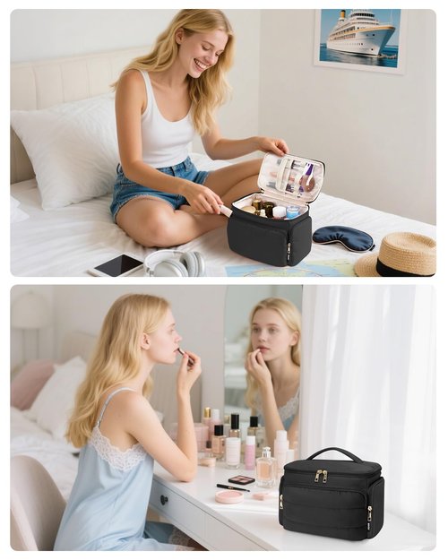 WANDF Travel Toiletry Bag for Women, Wide-open Large Makeup Bag with Handle, Puffy Makeup Organizer for Toiletries, Cosmetics, Accessories, Essentials (Black)