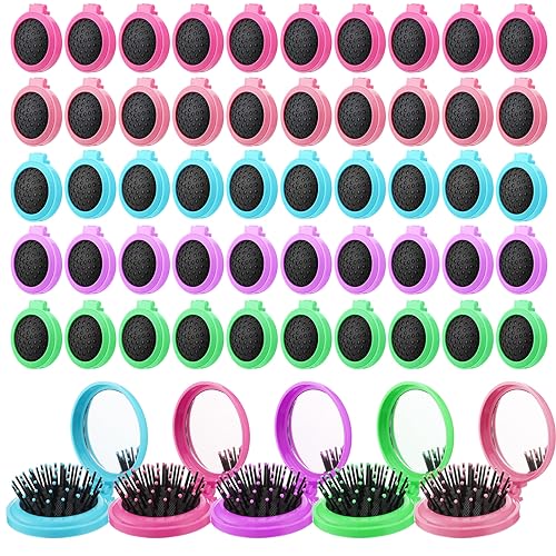 Barydat 50 Pcs Travel Folding Hair Brush with Mirror Bulk Portable Small Hair Brush Mini Compact Colorful Pocket Hair Combs for Friends and Family Mother's Day Gift