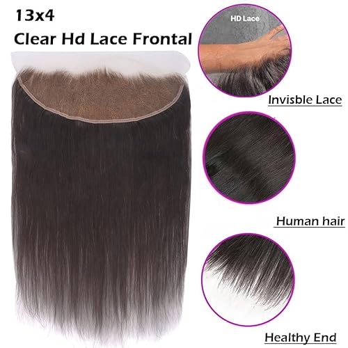 MY SHINY WIGS Real HD Lace Frontal 13x4 HD Frontal Ultra Thin Bleach Knots Virgin Human Hair Pre Plucked with Baby Hair Undetectable & Invisible Lace Straight 16 Inch