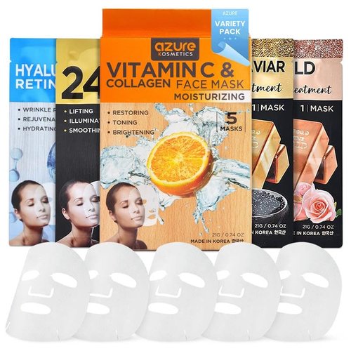 Azure Cosmetics 24K Gold, Caviar, Vitamin C, Hyaluronic Acid, Retinol & Collagen Anti-Aging Face Mask - Ultimate Variety Pack of 20 - Dermatologist Tested - Hydrating & Firming - Korean Skin Care