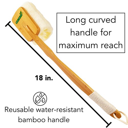 Eco Solve Natural Loofah Shower Scrubber w/Removable Bamboo Handle, Gentle Exfoliation, Long-Ergonomic Handle w/Hemp Rope Grip, Extra Loofah Included for Close Washing, Plastic-Free, Eco-Friendly