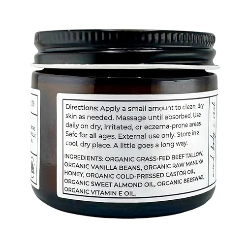 Faith and Grace Organics, Organic Tallow Balm, Vanilla and Manuka Honey, All-purpose Moisturizer, Safe for sensitive skin, Healing balm, 2 oz glass jar