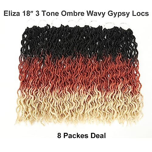 Eliza 18 Inch Wavy Gypsy Locs Ombre White Soft Locs Crochet Hair 8 Packs Goddess Faux Locs Crochet hair for Black Women African Roots Synthetic Braiding Hair Extensions(18",8 Packs, OM3T30613)