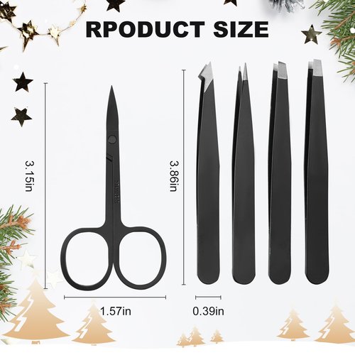 5-Pack Stainless Steel Tweezers Set for Women with Curved Scissors, Great Precision for Facial Hair Removal and Splinter Removal, Stocking Stuffer for Women