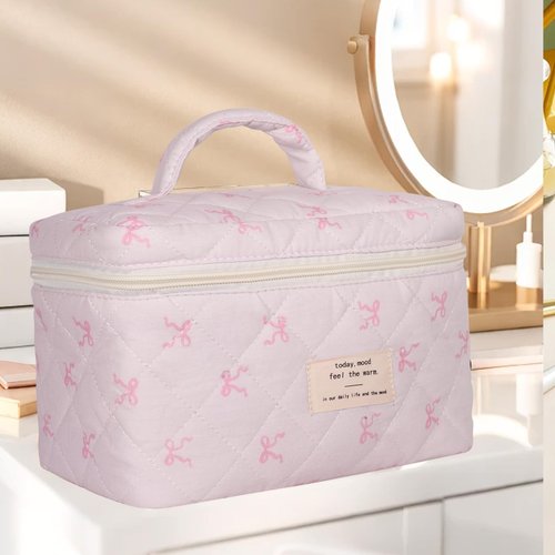 AMULOKRU Large Makeup Bag, Cute Cosmetic Bags for Women Girls, Quilted Floral Toiletry Bag, Travel Make Up Organizer Bag