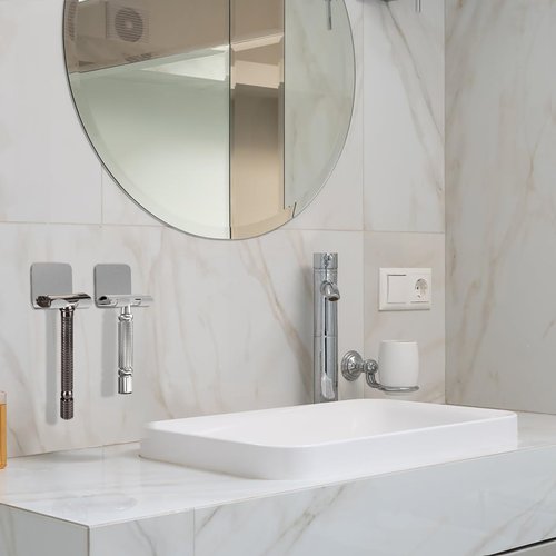 Linkidea 2 Pack Wall Mount Shaver Holder for Shower, Self Adhesive Hook Hanger Stand, Bathroom Wall Mounted Razor Holder Compatible with Vikings, Merkur Double Edge Safety Razor