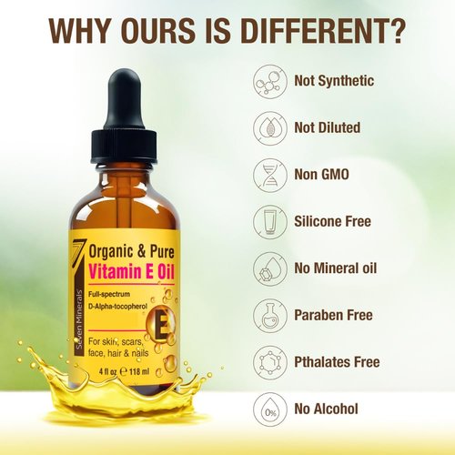 Seven Minerals Ultra Pure Vitamin E Oil - Full-Spectrum D-Alpha Tocopherol per 4 Oz Bottle - 100% Organic Vitamin E Oil for Skin, Face, Hair and Scars - Naturally Occurring=Not Synthetic