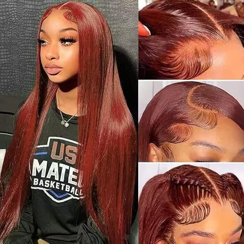 Reddish Brown Lace Front Wig - Human Hair with Baby Hair, Cooper Red, Glueless, Straight, Transparent Lace Front, 28inch (13x4)
