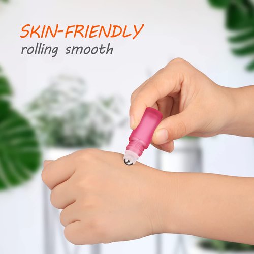 BOSMIOW 18 Pack Set Colorful Frosted Glass Rollerball Bottles 5ml(1/6oz) Essential Oil Roll On Bottles with Stainless Steel Roller Balls Deodorant Containers Perfume Sample Vials
