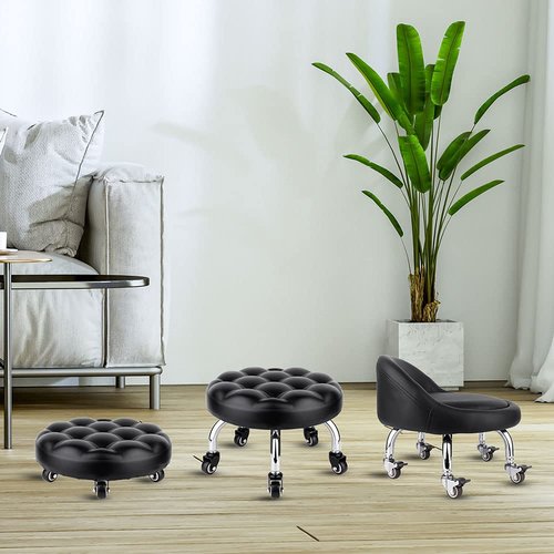 OBMMIRAO Pedicure Stool Low Roller Seat,Swivel stools Round Stool with Wheels, Black Low Chair with Wheels,PU Leather (Black StyleB)