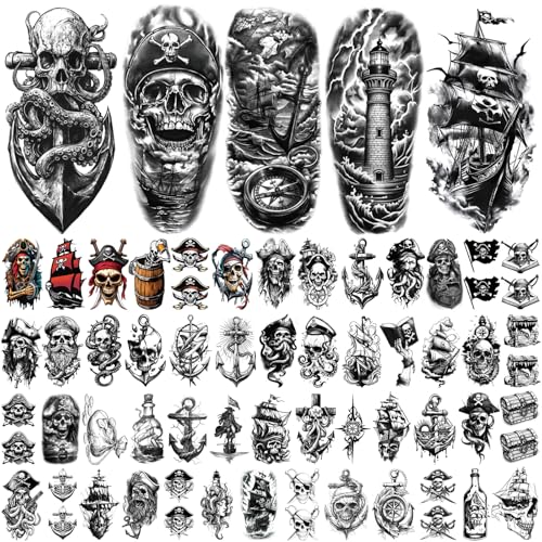 77 Sheets Pirate Temporary Tattoos Adult,Captain Anchor Compass Sailboat Tattoos, Pirate Ships Flag Skull Crossbones Sailor Fake Tattoo for Costume, Fake Arm Tattoos for Men Women Kids