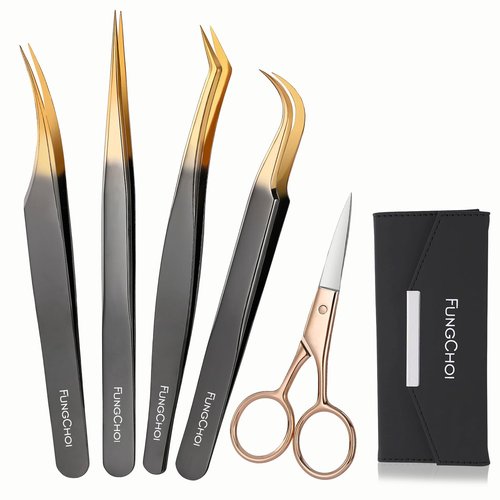 FungChoi 5pcs Eyelash Extension Tweezers, High Precision Lash Tweezers Scissors Set, Straight and Curved Eye Lash Tweezers for Extensions, with Storage Box