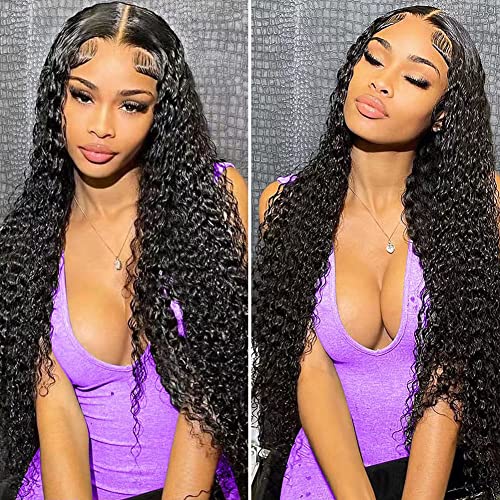 JIETAI 4x4 Curly Human Hair Wig 180% Density Deep Wave Lace Front Wig Glueless Wigs Human Hair Pre Plucked Curly Wig HD Lace Wig for Black Women (32 Inch)