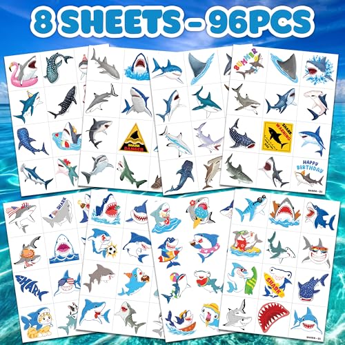 96 PCS Shark Pre-Cut Temporary Tattoos for Kids | Super Cute Shark Themed Birthday Party Favors, Supplies, Decorations, Cute Ocean Animal Tattoo Stickers, School Rewards Prizes & Gifts for Boys Girls
