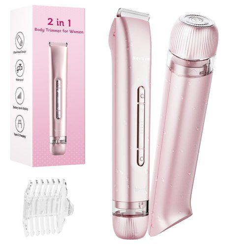 2-in-1 Bikini Trimmer for Women, Dual Head Electric Shaver for Face, Legs & Sensitive Areas, IPX7 Waterproof Wet/Dry Razor, USB-C Rechargeable Lady Grooming Kit
