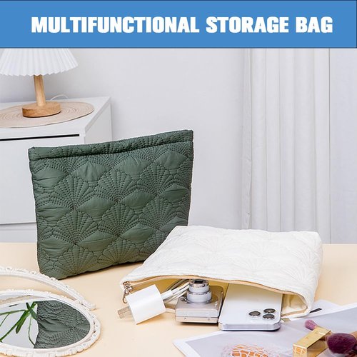 FITINI Makeup Bag Travel Large Portable Quilted Floral Print Cosmetic Organizer Cute Pouch for Women Soft Cotton Zipper Waterproof Toiletry Storage Bags,White Shell